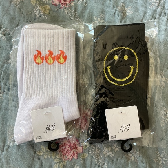 Girly Accessories - NWT Girly Womens Novelty Socks Ankle Two Pair Fire and Happy Face
